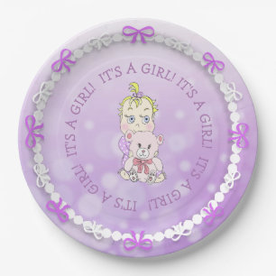 Cute Baby Girl Holding Teddy Bear Baby Shower Paper Plate