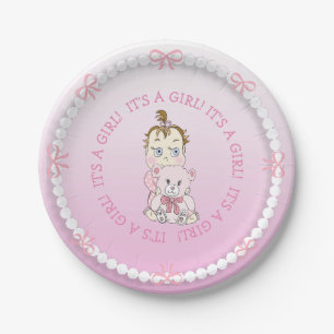 Cute Baby Girl Holding Teddy Bear Baby Shower Paper Plate