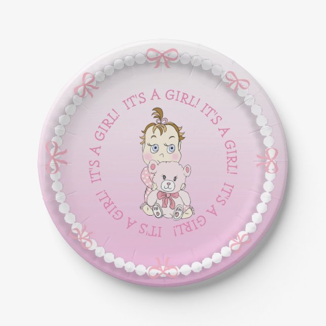 Cute Baby Girl Holding Teddy Bear Baby Shower Paper Plate (Front)