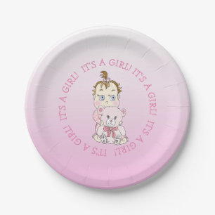 Cute Baby Girl Holding Teddy Bear Baby Shower Paper Plate
