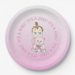 Cute Baby Girl Holding Teddy Bear Baby Shower Paper Plate