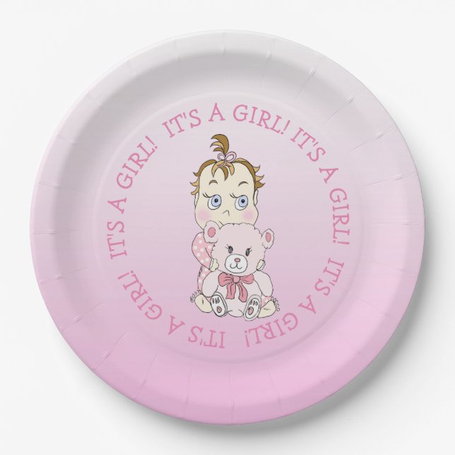 Cute Baby Girl Holding Teddy Bear Baby Shower Paper Plate (Front)