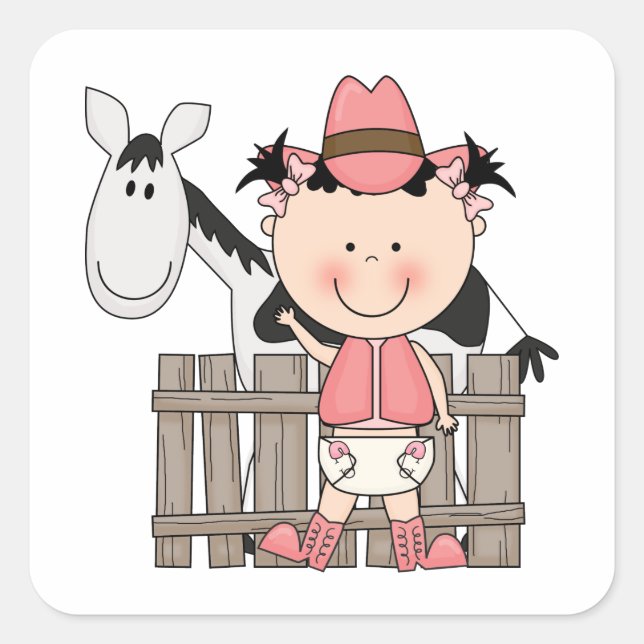 Cute Baby Girl & Horse Pony Custom Western Square Sticker (Front)