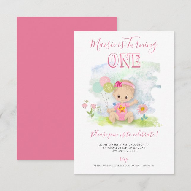 Cute Baby Girl Illustration 1st Birthday Party Invitation (Front/Back)