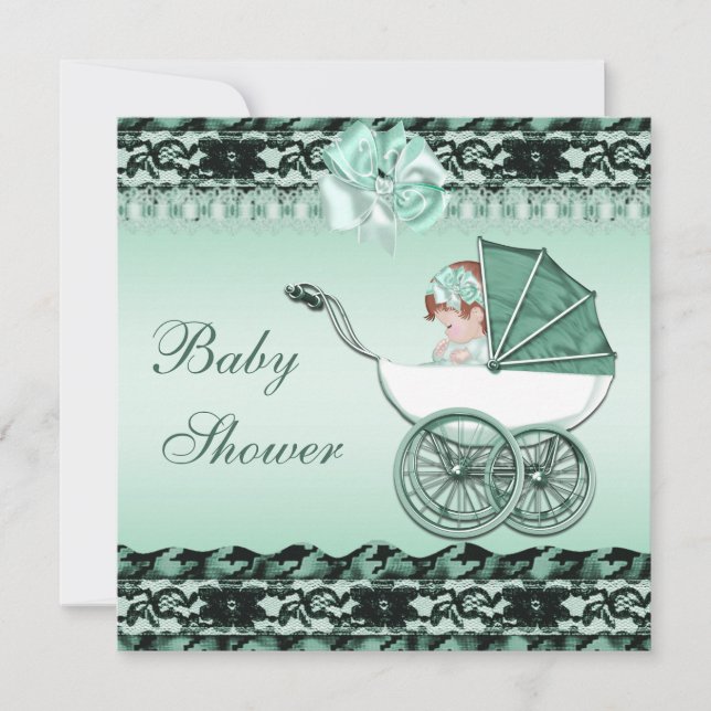 Cute Baby Girl in Green Carriage Baby Shower Invitation (Front)