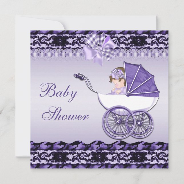 Cute Baby Girl in Purple Carriage Baby Shower Invitation (Front)