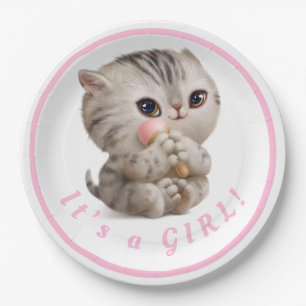 Cute Baby Girl Kitten Hand Drawn Pink Typography Paper Plate