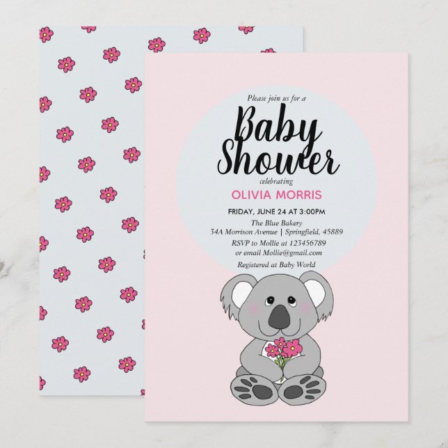 Cute Baby Girl Koala Bear Cartoon Name Baby Shower Invitation (Front/Back)