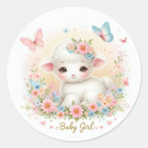 Cute Baby Girl Lamb, Butterflies and Flowers Classic Round Sticker