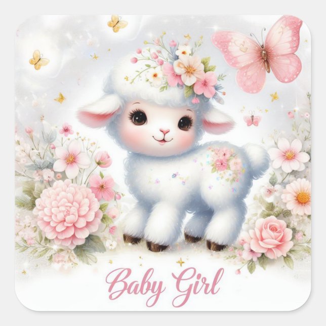 Cute Baby Girl Lamb with Flowers and Butterflies Square Sticker (Front)
