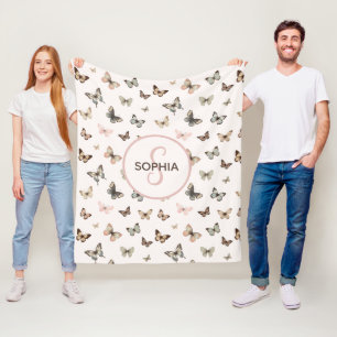 Cute Baby Girl Monogram Name Blush Butterfly Fleece Blanket