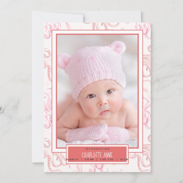 Cute Baby Girl Octopus Sea Life Birth Announcement (Front)