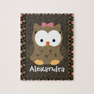 Cute Baby Girl Owl, Pink/Green/Brown Jigsaw Puzzle