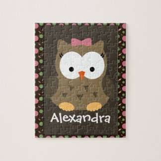 Cute Baby Girl Owl, Pink/Green/Brown Jigsaw Puzzle