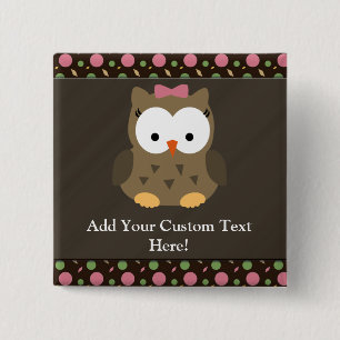 Cute Baby Girl Owl with Pink Bow 15 Cm Square Badge