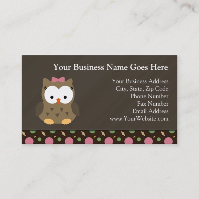 Cute Baby Girl Owl with Pink Bow Business Card (Front)