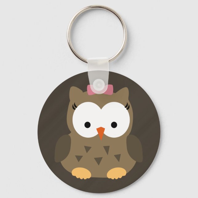 Cute Baby Girl Owl with Pink Bow Key Ring (Front)
