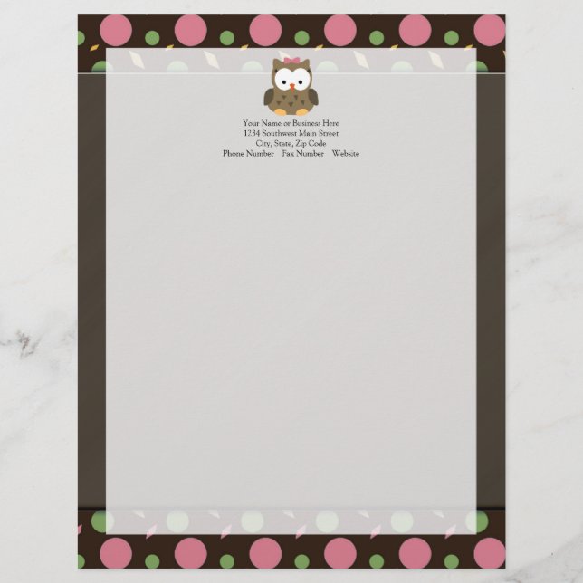 Cute Baby Girl Owl with Pink Bow Letterhead (Front)