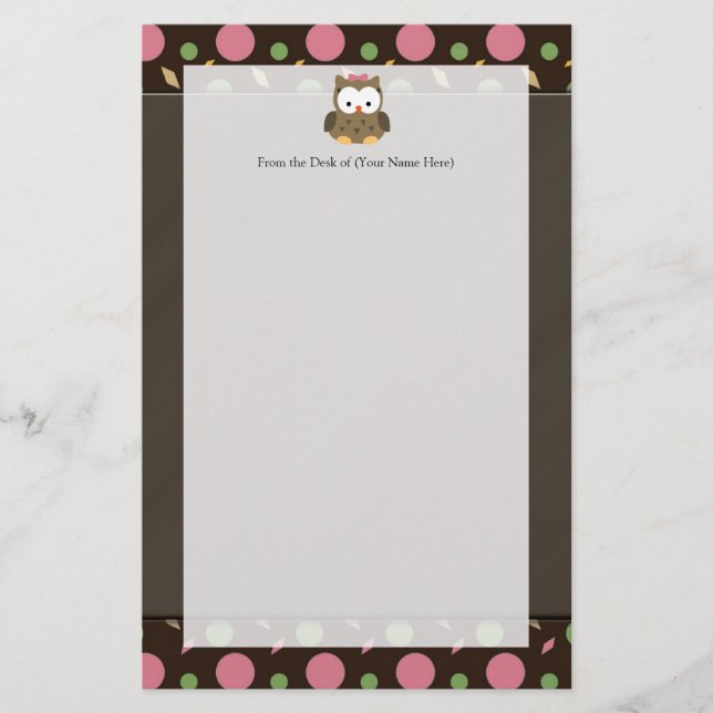 Cute Baby Girl Owl with Pink Bow Stationery (Front)