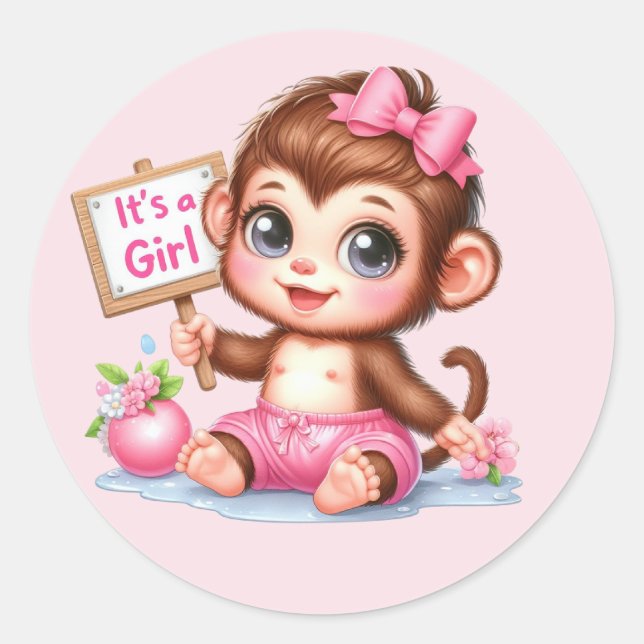 Cute baby girl penguin monkey classic round sticker (Front)