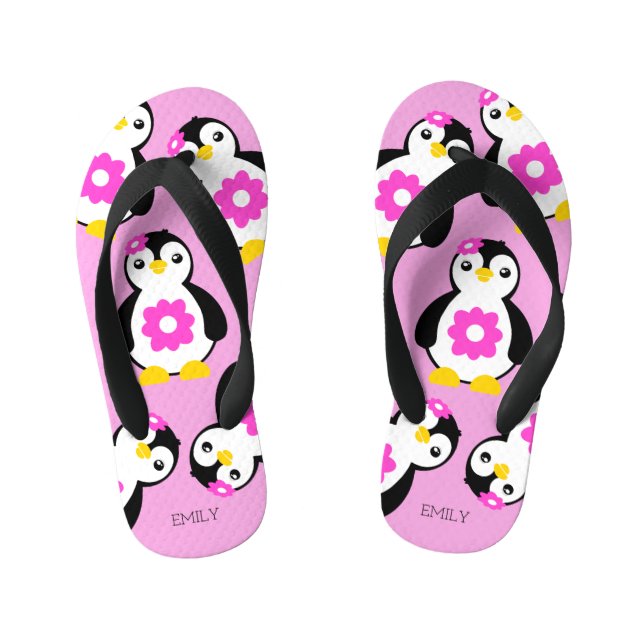 Cute Baby Girl Penguins with Pink Flowers Kid's Flip Flops (Footbed)