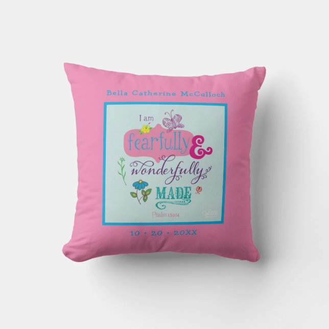 Cute Baby Girl Personalised Bible Verse Pink Cushion (Front)