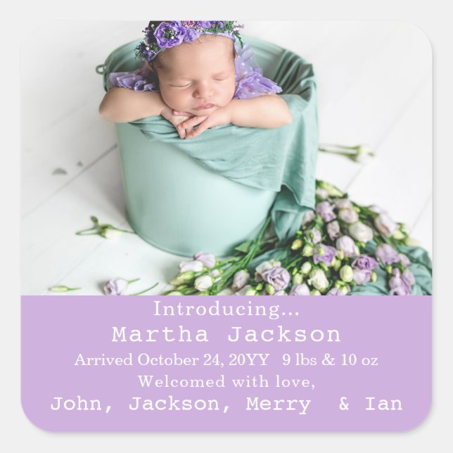 Cute Baby Girl Photo Birth Announcement  Square Sticker (Front)