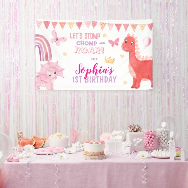Cute Baby Girl Pink Dino Dinosaur Kids Birthday Banner (Party)