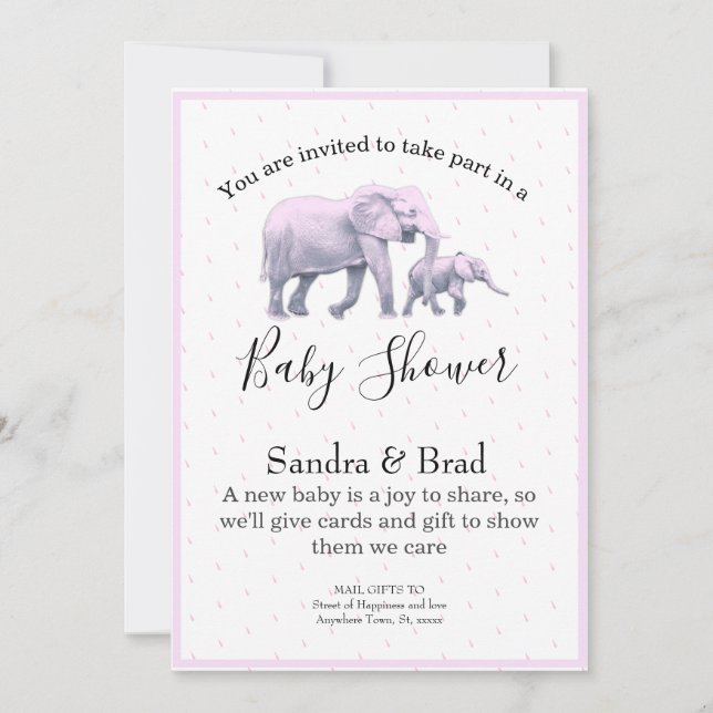 Cute Baby Girl Pink Elephants modern Baby Shower I Invitation (Front)