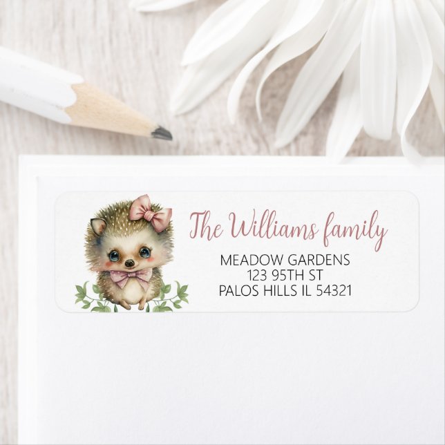 Cute baby girl pink hedgehog return address labels (Insitu)