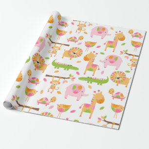 Cute Baby Girl Pink Jungle Animal Wrapping Paper