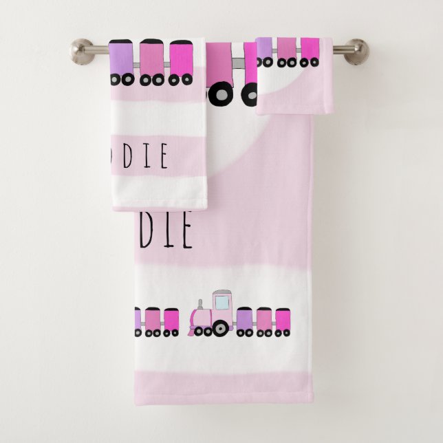 Cute Baby Girl Pink Locomotive Train & Name Bath Towel Set (Insitu)