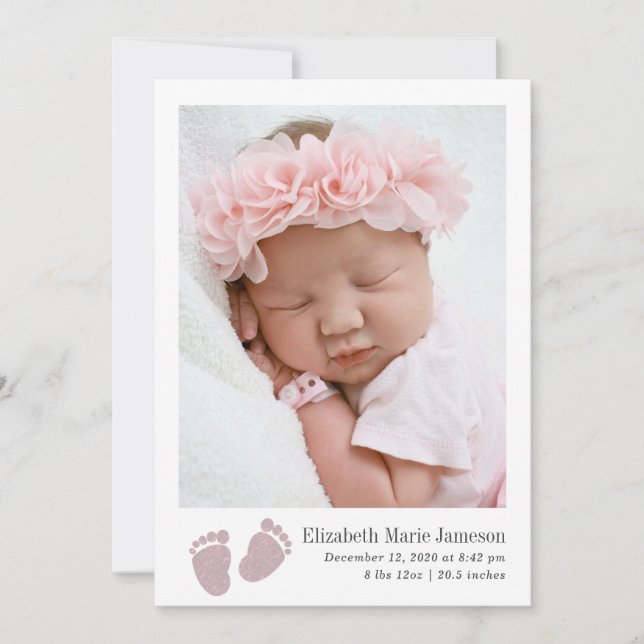 Cute Baby Girl Pink Newborn Footprint Photo Birth Announcement (Front)