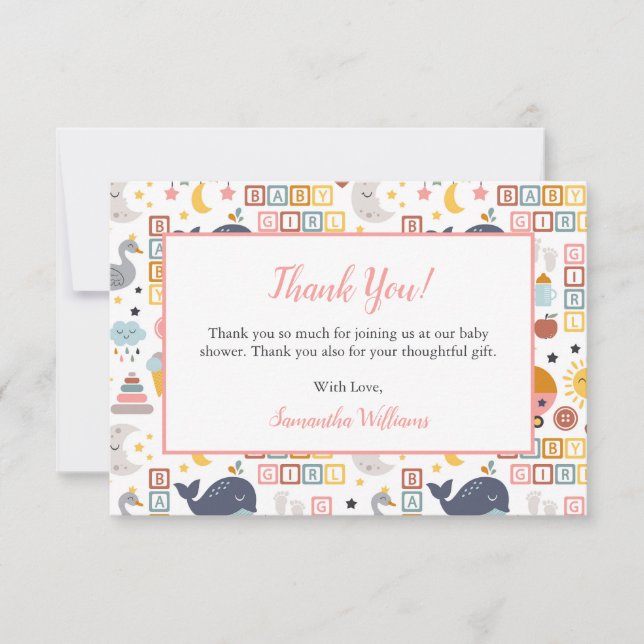 Cute Baby Girl Pink Pattern Baby Shower Thank You Card (Front)