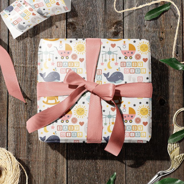 Cute Baby Girl Pink Pattern with Name Baby Shower Wrapping Paper (Creator Uploaded)