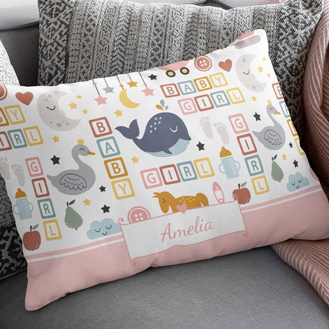 Cute Baby Girl Pink Pattern with Name Decorative Cushion (Creator Uploaded)