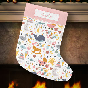 Cute Baby Girl Pink Pattern with Name Small Christ Large Christmas Stocking