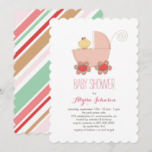 Cute Baby Girl Pink Pram Baby Shower Invite