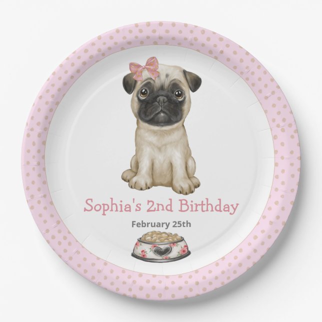 Cute Baby Girl Pink Pug Paper Plates (Front)