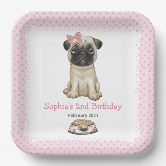 Cute Baby Girl Pink Pug Paper Plates (Front)