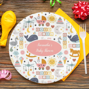 Cute Baby Girl Pink Toy Pattern Baby Shower Paper Plate