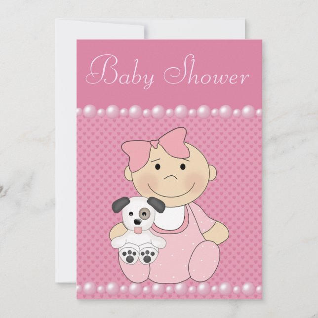 Cute Baby Girl & Puppy Pink Baby Shower Invitation (Front)
