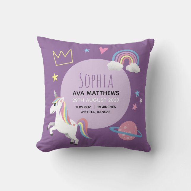 Cute Baby Girl Purple Unicorn Rainbow Birth Stats Cushion (Front)