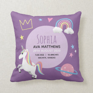Cute Baby Girl Purple Unicorn Rainbow Birth Stats Cushion