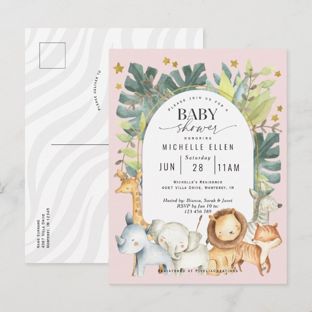 Cute baby girl safari jungle animals modern shower invitation postcard (Front/Back)