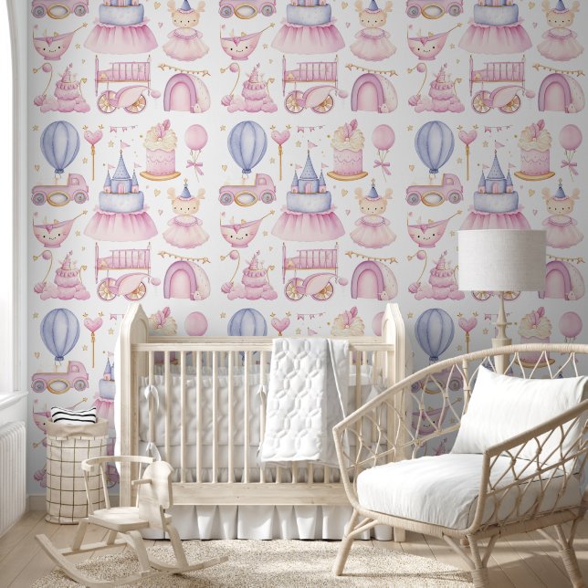 Cute Baby Girl Seamless Pattern Watercolor Nursery Wallpaper (Kids)