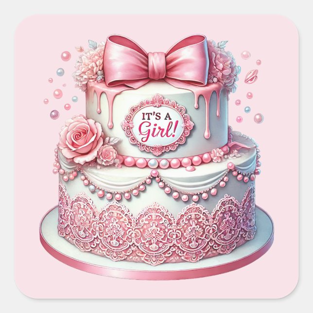 Cute baby girl shower cake square sticker (Front)