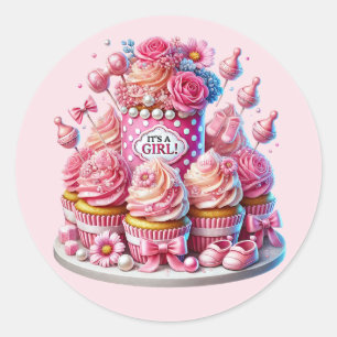 Cute baby girl shower cupcake classic round sticker
