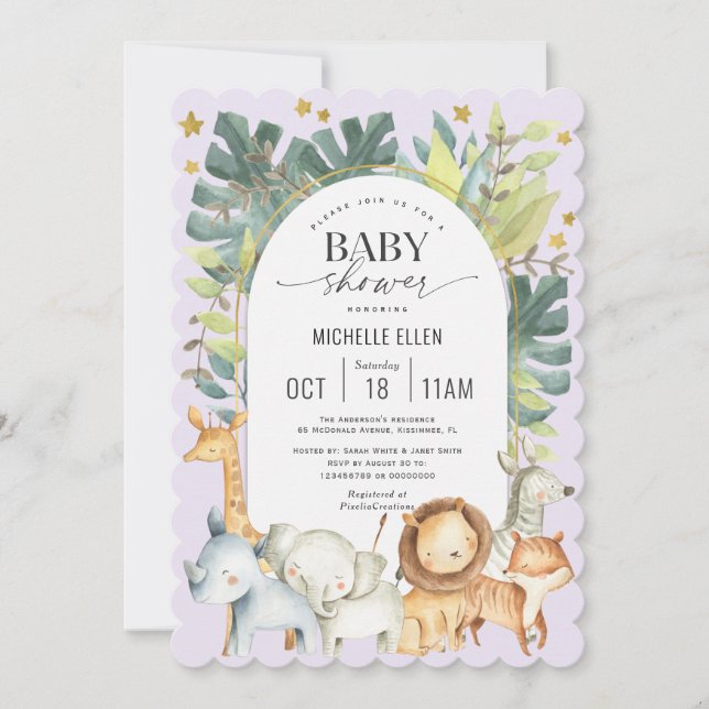 Cute baby girl shower with Safari themed purple Invitation (Front)