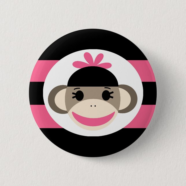 Cute Baby Girl Sock Monkey Black Pink Stripes 6 Cm Round Badge (Front)